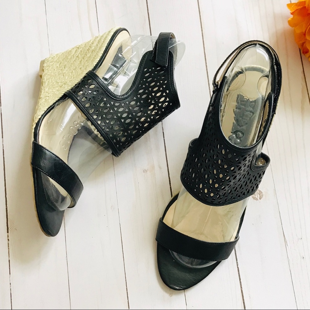 Boutique 9 Black Genuine Leather Mesh Panel Espadrille Wedges Size 10